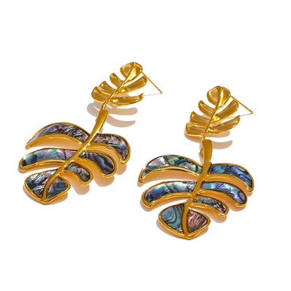 Stainless Steel Big Leaves Drop Dangle Earrings 18k PVD Plated Fashion Summer Jewelry