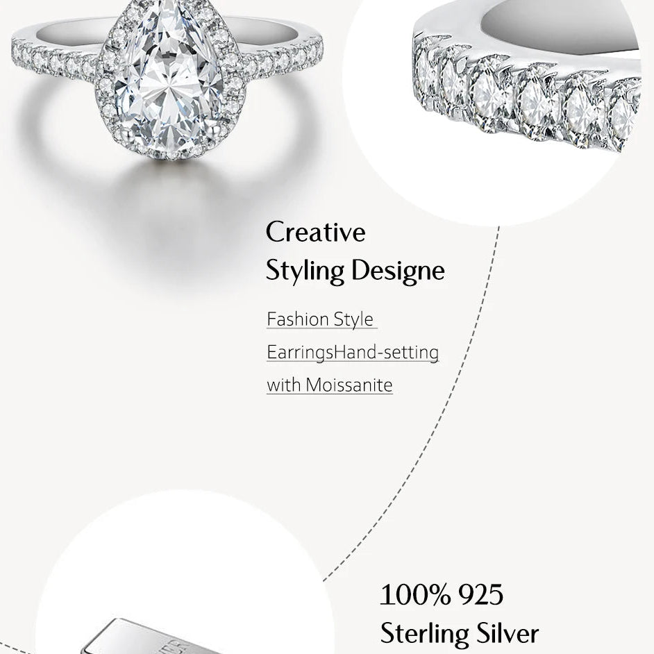 Luxe Jewels Pear Cut 2CT D Color VVS1 Luxury Moissanite Ring 925 Sterling Silver Women Jewelry