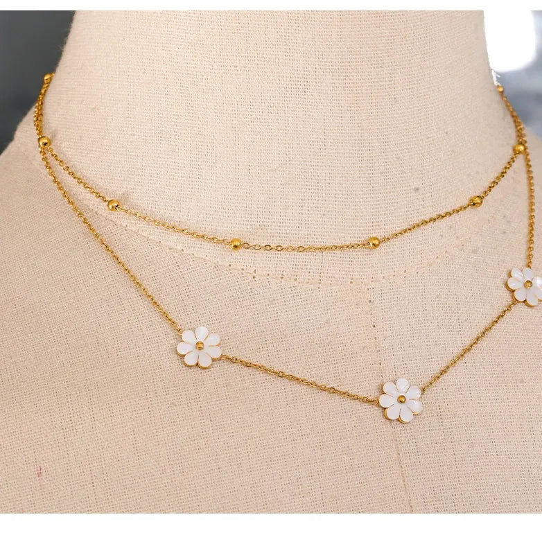Double Layer Shell Flower Necklace & Anklet – Gold-Plated Plant Charm Jewelry