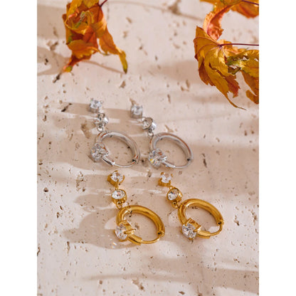 Gold Plated Stainless Steel Cubic Zirconia Drop Earrings