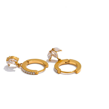 Waterproof Cubic Zirconia Flower Drop Hoop Earrings Hypoallergenic Stainless Steel Gold Color Daily Wear Fashion Jewelry