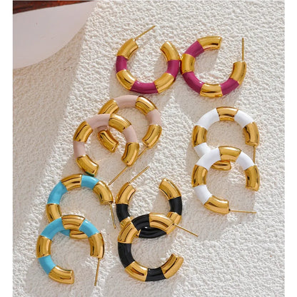 Multi Color Enamel Stainless Steel C-Shape Geometric Unique Earrings Waterproof Classic Stylish Jewelry