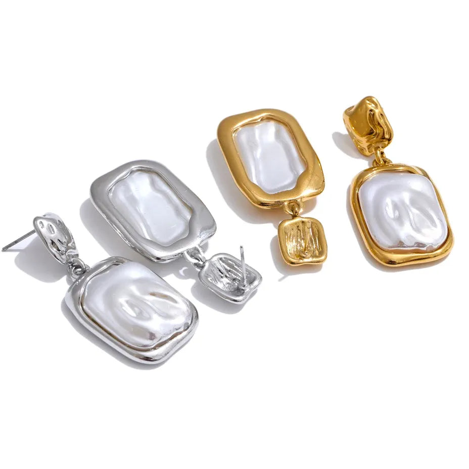 Stainless Steel Pearl Square Drop Earrings for Women Tarnish Resistant - Fashion Jewelry