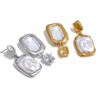 Stainless Steel Pearl Square Drop Earrings for Women Tarnish Resistant - Fashion Jewelry