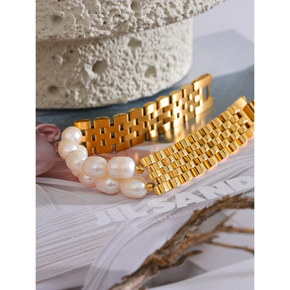 Luxury Pearl Cuban Bracelet – 18K Gold Plated 316L Stainless Steel Waterproof