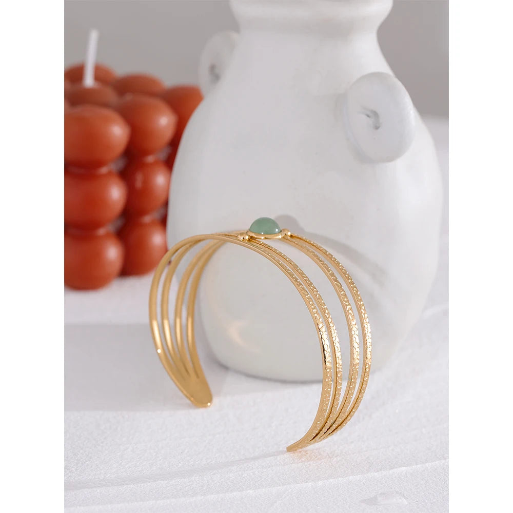 Boho Green Stone Open Bangle – Gold Plated Stainless Steel & Waterproof