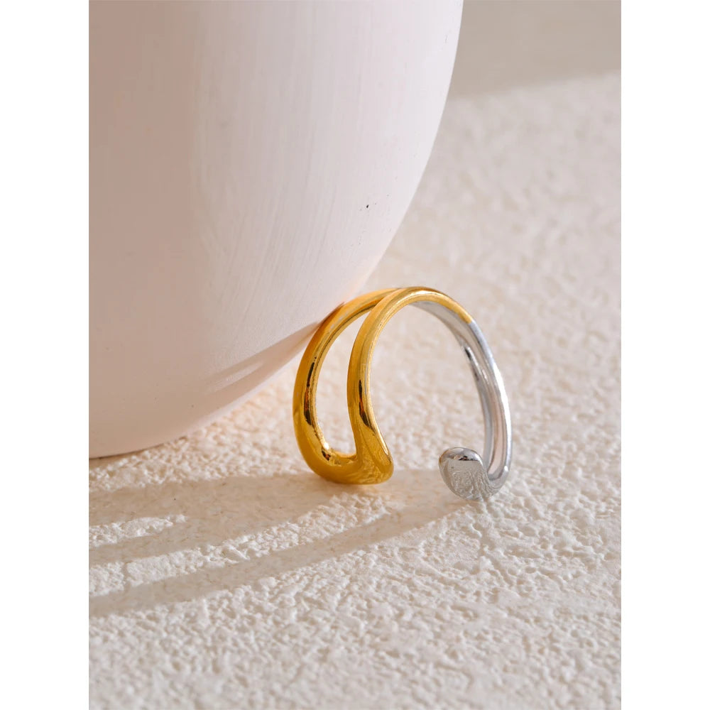 Luxe Jewels Adjustable Double Color Stainless Steel Ring - 18K Gold Plated Waterproof Jewelry