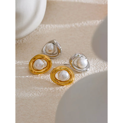 Gold Plated Tarnish-Free Hollow Oval Pearl Stud Earrings – Elegant Jewelry