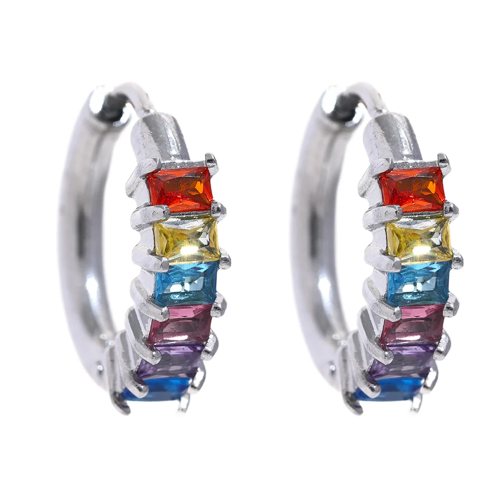 Colorful White Cubic Zirconia Stainless Steel Round Rainbow Bling Hoop Earrings for Women High Quality Jewelry