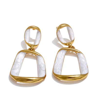 Trendy Stainless Steel White Enamel Rectangular Hollow Drop Earrings 18K Gold Color Plated Jewelry