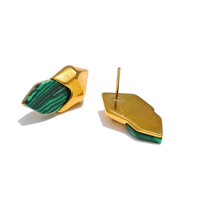 Gold Plated Green Malachite Geometric Earrings – Tarnish Resistant Studs