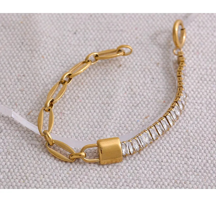 Cubic Zircon Lock Bracelet – Gold Plated Stainless Steel with Cubic Zirconia