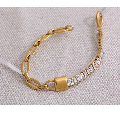 Cubic Zircon Lock Bracelet – Gold Plated Stainless Steel with Cubic Zirconia