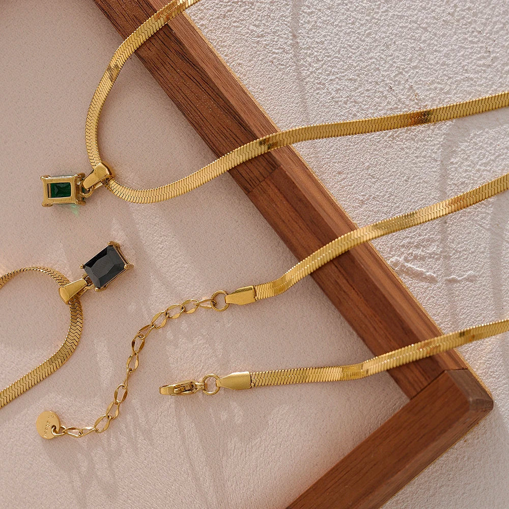 Geometric Square CZ Drop Snake Necklace – Waterproof Gold-Plated