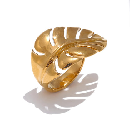 Luxe Jewels Stylish Stainless Steel Metal Leaf Open Ring - 18K Gold Plated Jewelry