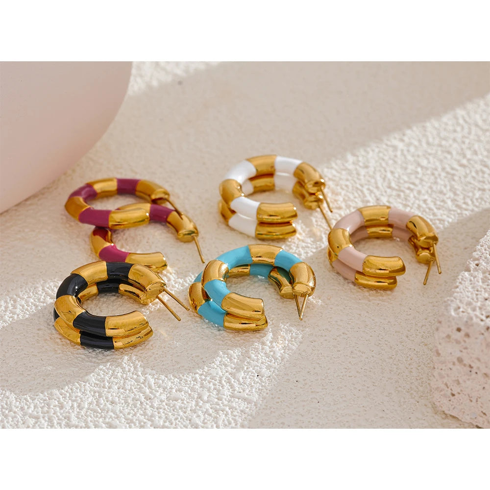 Multi Color Enamel Stainless Steel C-Shape Geometric Unique Earrings Waterproof Classic Stylish Jewelry