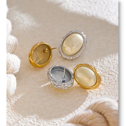 Korean Style Off White Gold - Oval Stud Earrings for Women Pearl Stainless Steel 18K PVD Plated Fashion Jewelry