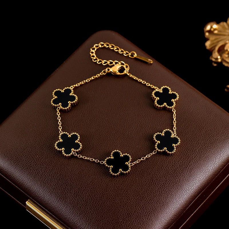 Black Clover Flower Bracelet – Stainless Steel Charm Jewelry