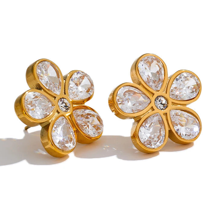 Cubic Zirconia Flower Golden Stud Earrings for Women - 316L Stainless Steel Waterproof Jewellery