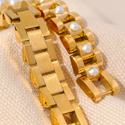 18cm Pearl / Cuban Zirconia Bracelet – 18K Gold Plated Stainless Steel Waterproof Jewellery