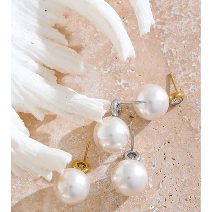 Korean Style Imitation Pearls Zircon Round Classic Daily Stud Earrings Women Stainless Steel - Charm Fashion Jewelry
