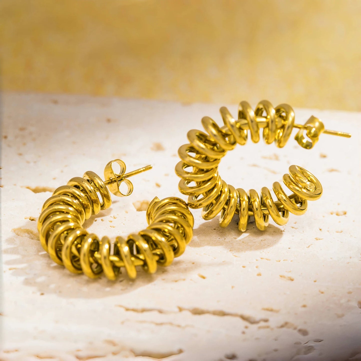 Creative Golden Color Metal Spring Chunky Hoop Earrings for Women - 18K Gold Plated Stainless Steel Jewelry