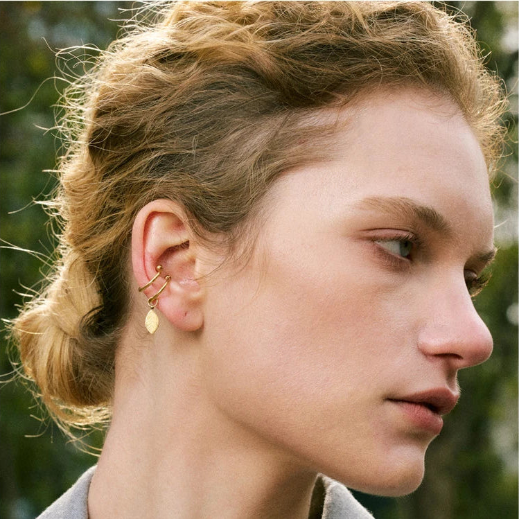 Luxe Jewels 18K Gold Plated Trendy Stainless Steel Double Layer Leaf Drop Ear Clip - No Piercing Earrings for Women