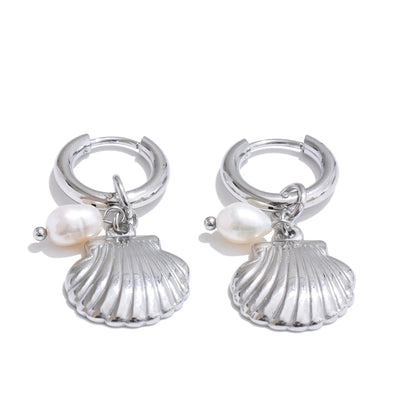 Ocean Theme Natural Pearl Conch Shell Starfish Drop Summer Hoop Earrings for Women Stainless Steel Holiday Daily Jewelry