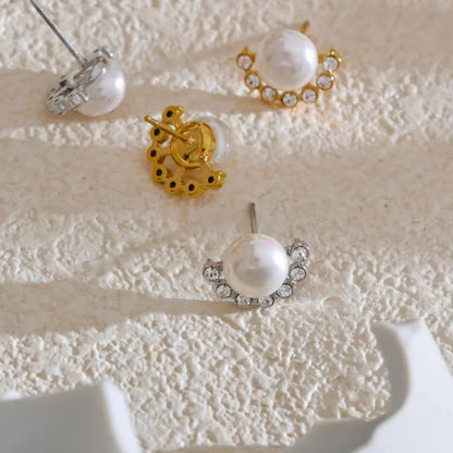 Pearl & Zirconia Stud Earrings – Gold Plated Water Resistant