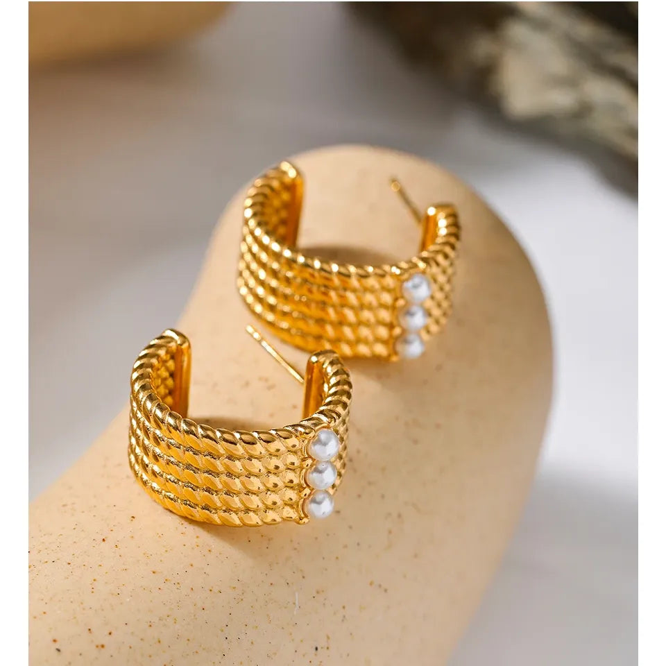 Stainless Steel 18K Gold Plated Waterproof Pearl Hoop Earrings Trendy Fashion Quality Jewelry