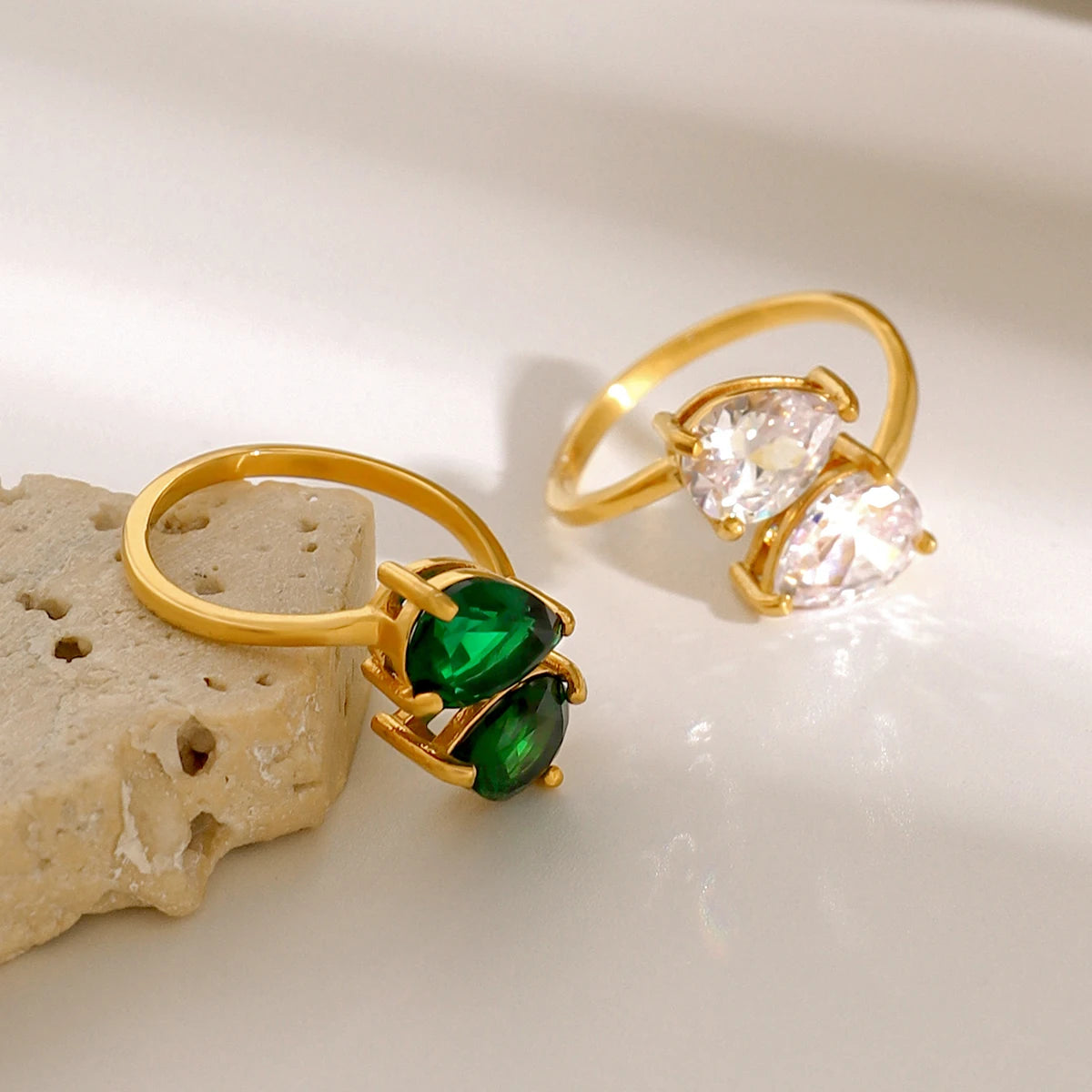 Luxe Jewels Elegant Green Double Teardrop Zirconia Ring – 18K Gold Plated Stainless Steel