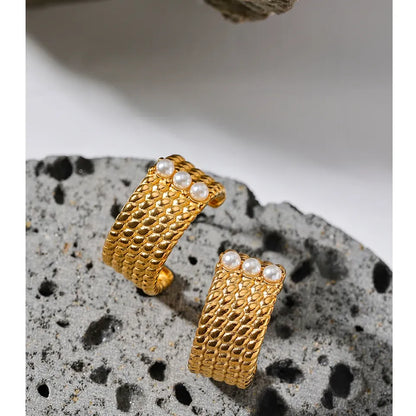 Stainless Steel 18K Gold Plated Waterproof Pearl Hoop Earrings Trendy Fashion Quality Jewelry