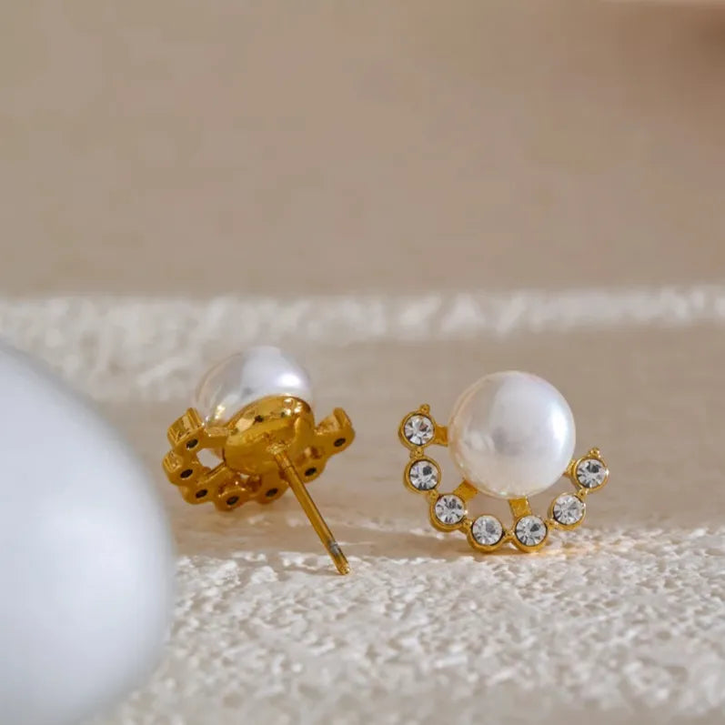 Pearl & Zirconia Stud Earrings – Gold Plated Water Resistant