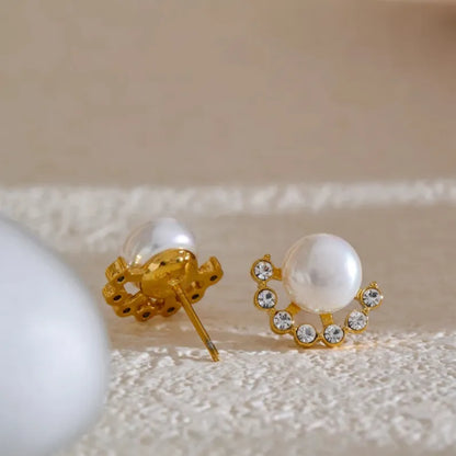 Pearl & Zirconia Stud Earrings – Gold Plated Water Resistant