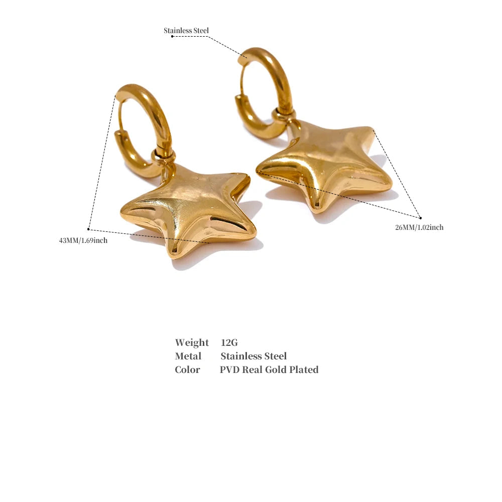 Fashion Stainless Steel Star Thick Drop Hoop Earrings Women - 18K Gold Plated Jewelry