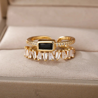 Green Double Layer Zircon Ring – 18K Gold Plated Adjustable Band