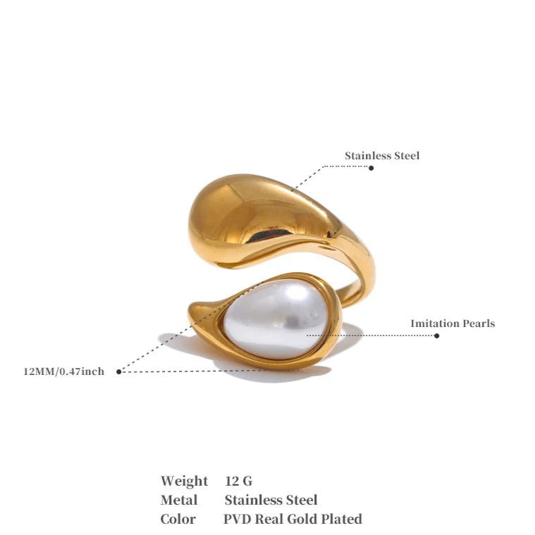 Luxe Jewels Pearl Adjustable Ring for Women - Stainless Steel Gold Jewelry