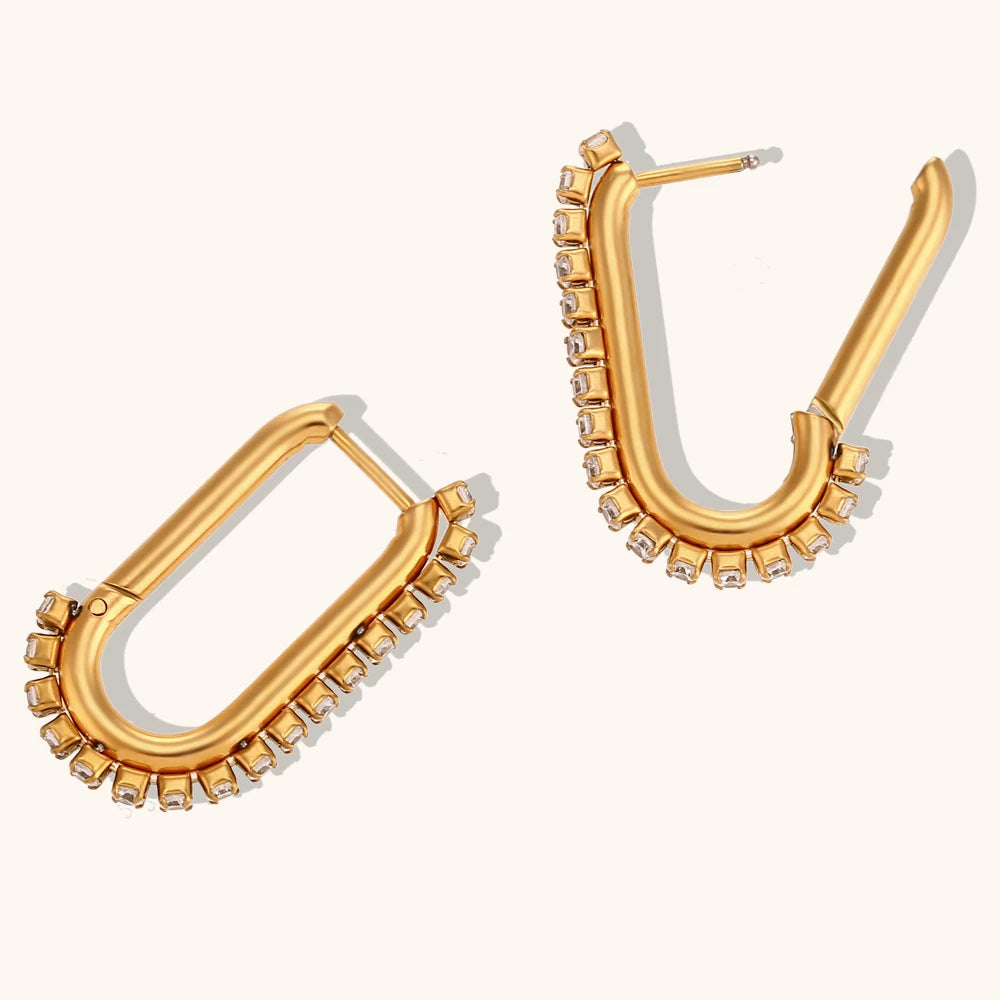 Zircon U-Shaped Hoop Earrings – Waterproof 18K Gold Stainless Steel