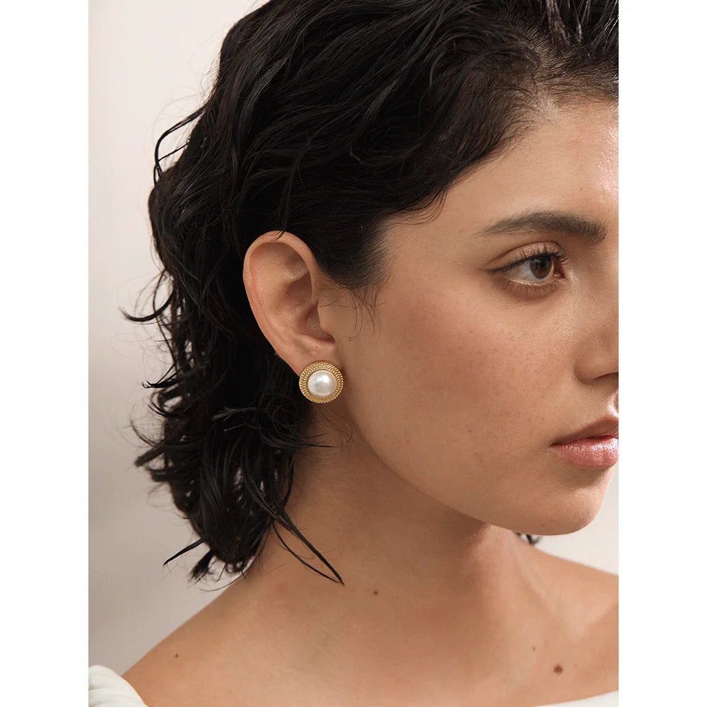 Korean Imitation Pearls Round Stud Earrings Hypoallergenic Elegant Classic Daily Fashion Gold & Platinum PVD Plated Jewelry