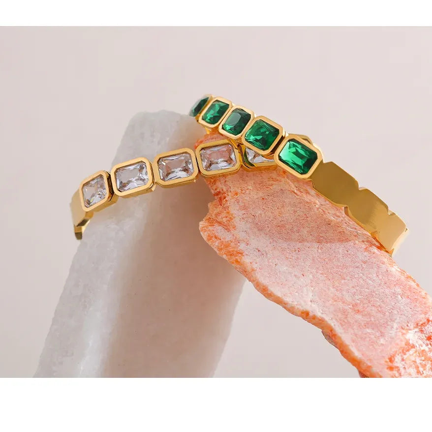 Green & White CZ Cuff Bracelet – 18K Gold Plated Waterproof Stainless Steel Jewellery