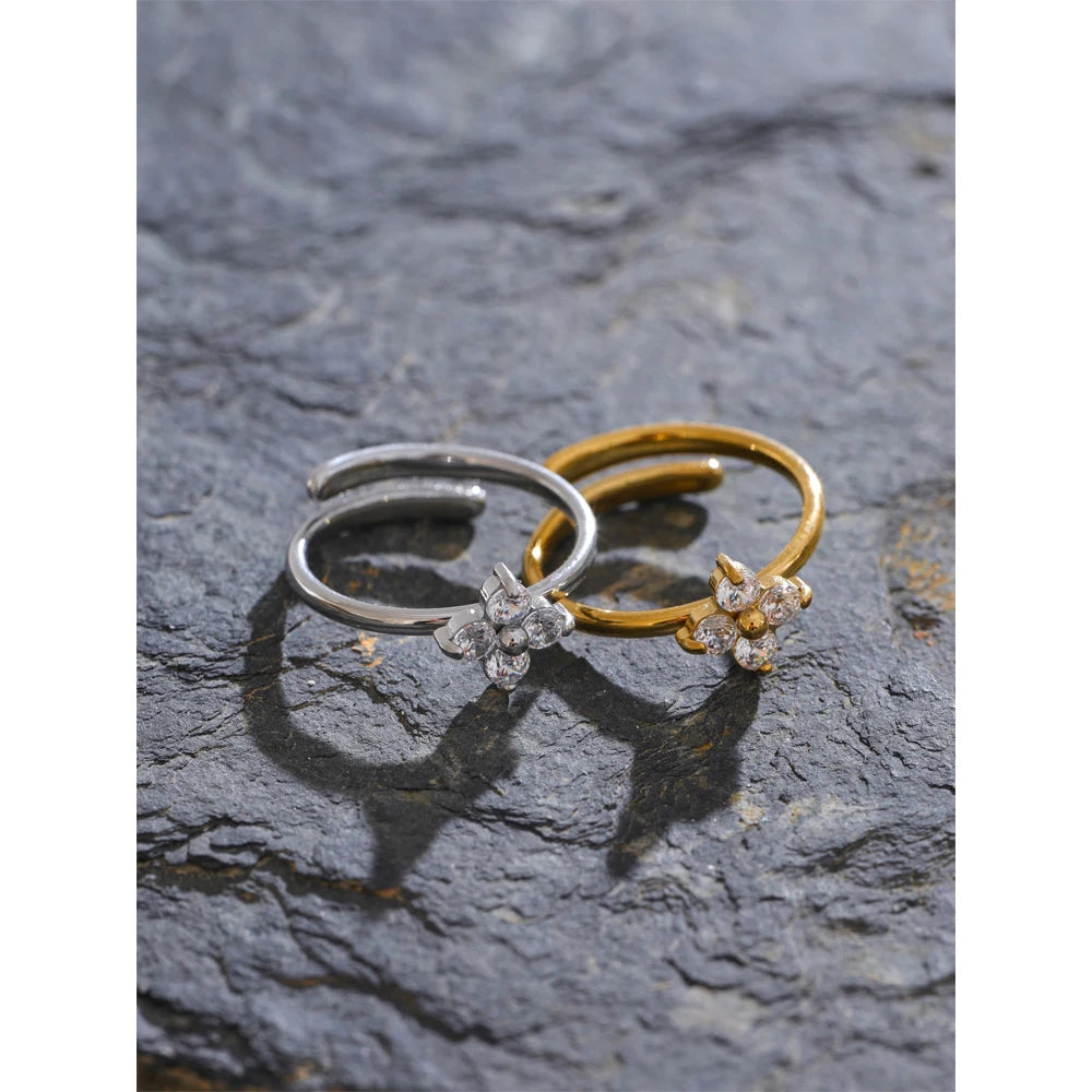 Luxe Jewels Stainless Steel Zirconia Flower Adjustable Ring – PVD Gold Plated Jewelry
