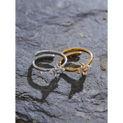 Luxe Jewels Stainless Steel Zirconia Flower Adjustable Ring – PVD Gold Plated Jewelry