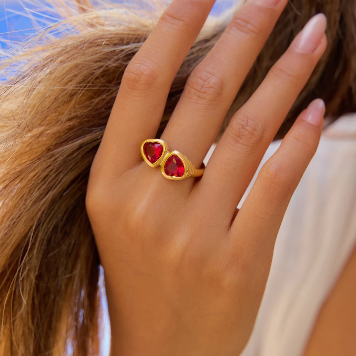 Heart-Shape Red Rhinestone Ring – Waterproof Stainless Steel with 18K Gold Plating