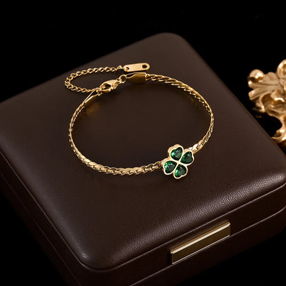Green Crystal Clover Charm Bracelet – Waterproof Stainless Steel Bangle