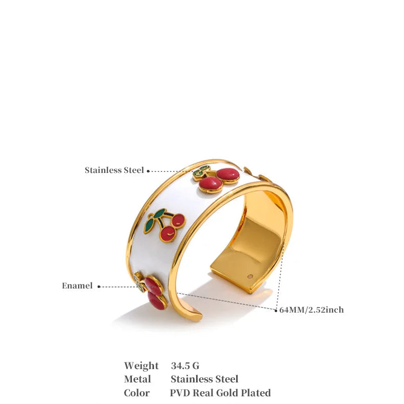 18K Gold Plated 64mm Stainless Steel White Enamel Cherry Cuff Bracelet - Jewelry Gift Ideas