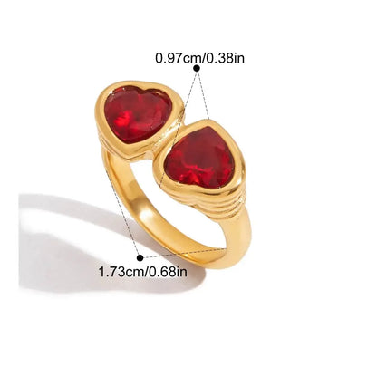 Heart-Shape Red Rhinestone Ring – Waterproof Stainless Steel with 18K Gold Plating