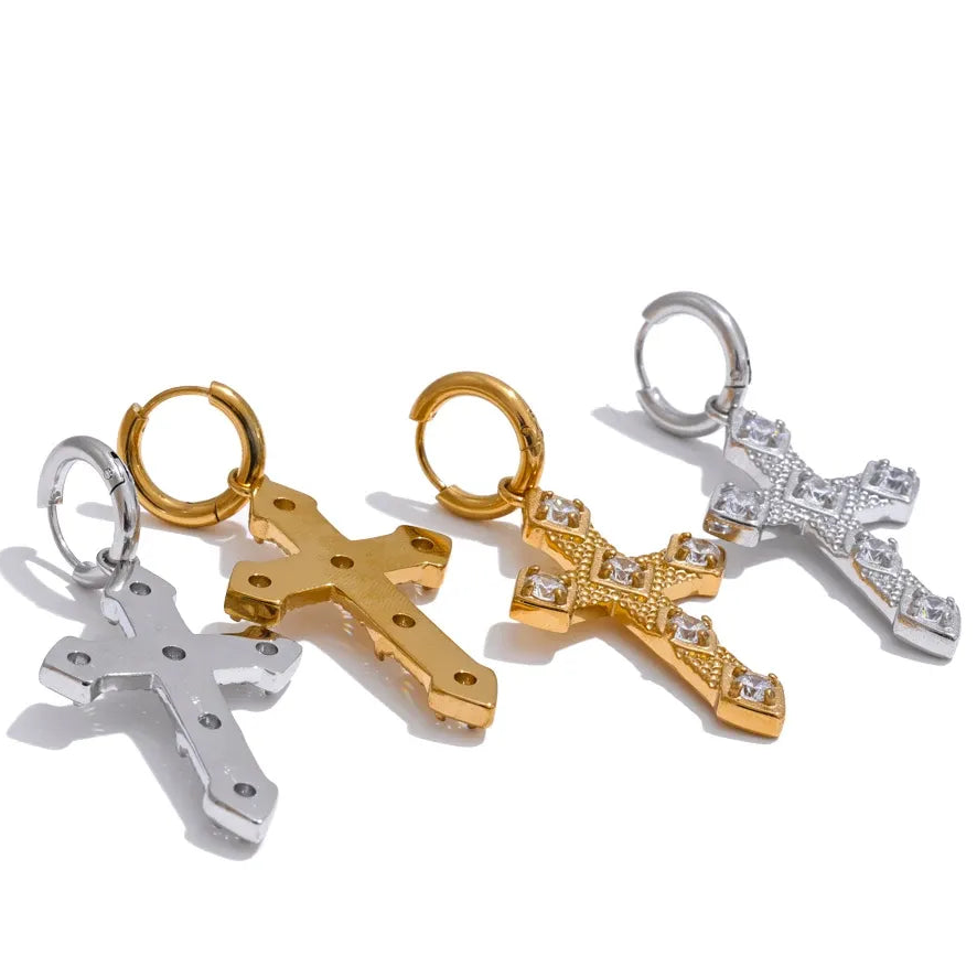 Bling Cubic Zirconia Classic Cross Drop Hoop Earrings 18K Gold Color PVD Plated Stainless Steel Exquisite Jewelry