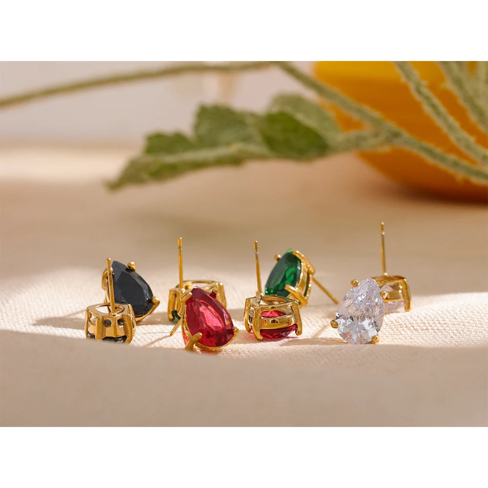 Water Drop CZ Stud Earrings – 18K PVD Gold Plated Tarnish Free Jewelry