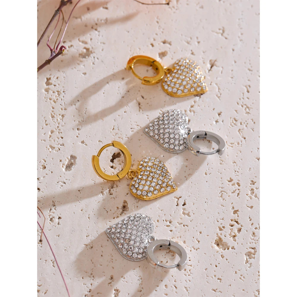 Cubic Zirconia Heart Drop Earrings - 18K Gold Plated Stainless Steel Classic Romantic Daily Wear Jewelry Waterproof