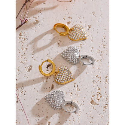 Cubic Zirconia Heart Drop Earrings - 18K Gold Plated Stainless Steel Classic Romantic Daily Wear Jewelry Waterproof